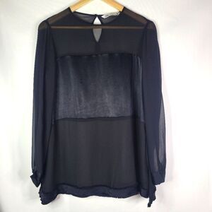 Zara Chic Sheer Loose Fit Black Blouse with Satin Modesty